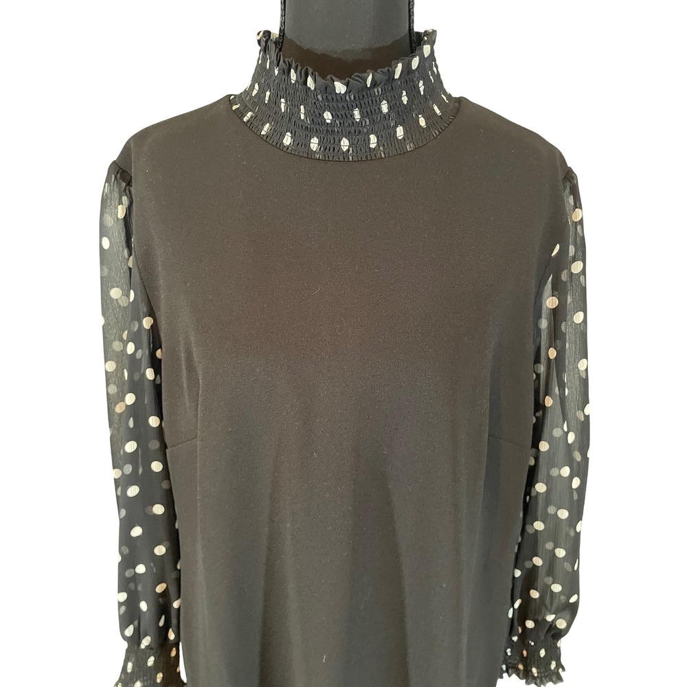 Tommy Hilfiger Black Polka Dot Sheer Sleeve‎ Smocked High Neck Shift Dress Sz 16 - Picture 2 of 7